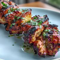 Juicy grilled chicken al pastor skewers with caramelized pineapple, served with fresh cilantro and lime wedges for a vibrant, tropical flavor.  