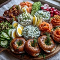 A stunning Mother's Day brunch board with silky smoked salmon, toasted bagels, and fresh toppings arranged for sharing.  