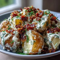 Memorial Day Potato Salad with Dill and Bacon, featuring creamy potatoes, crispy bacon, and fresh dill, perfect for picnics and barbecues.