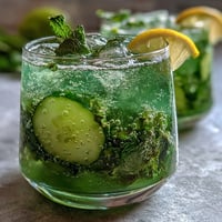 Sparkling Cucumber Mint Lemonade Mocktail: refreshing citrus, crisp mint, and bubbly water on ice.